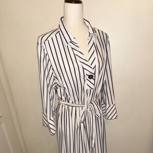 Mlle Gabrielle Shirt Dress 2X Plus White/Blue Striped Belted 3/4 Sleeve EUC
